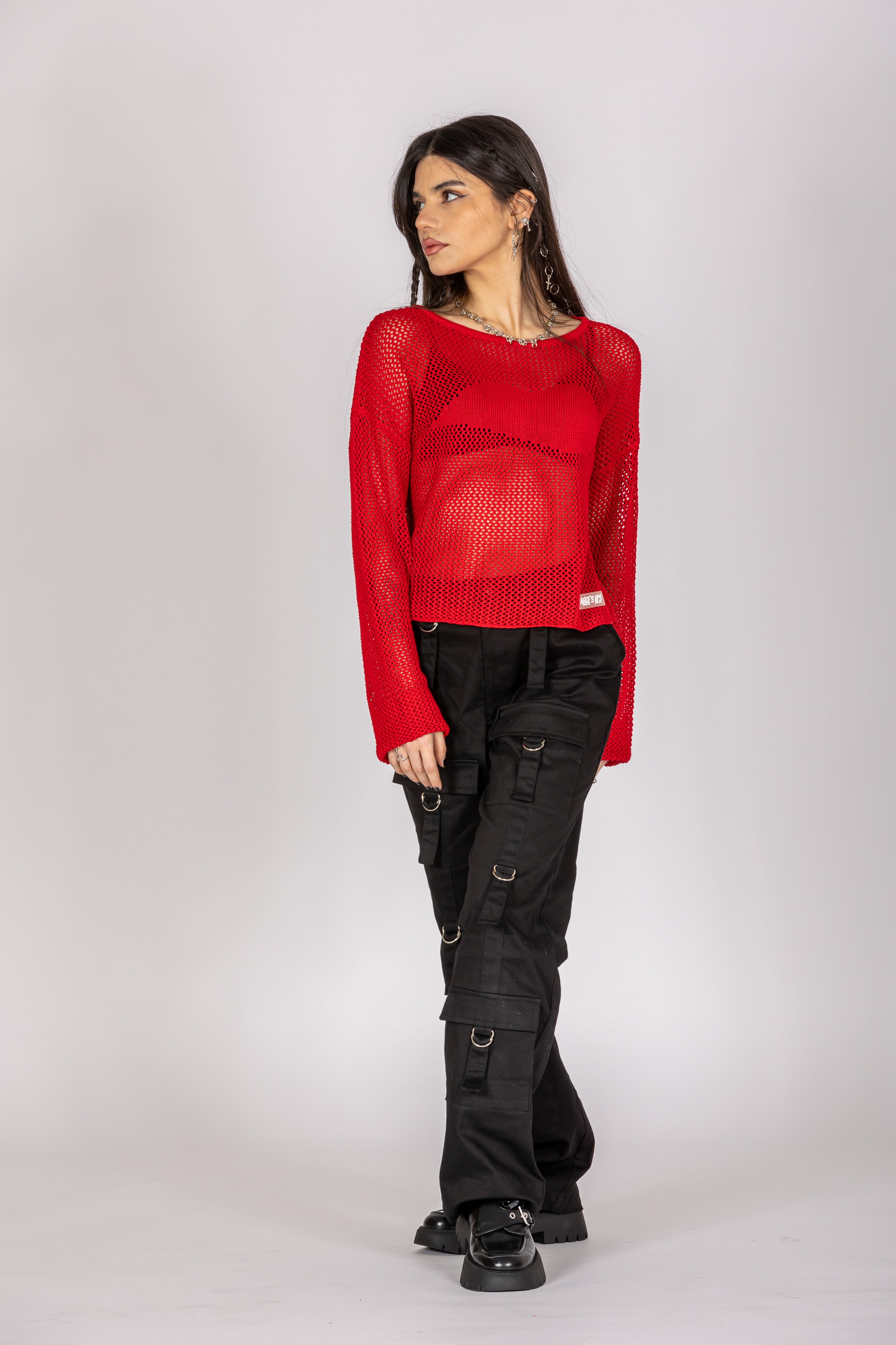Live Wire Red Open Knit Jumper