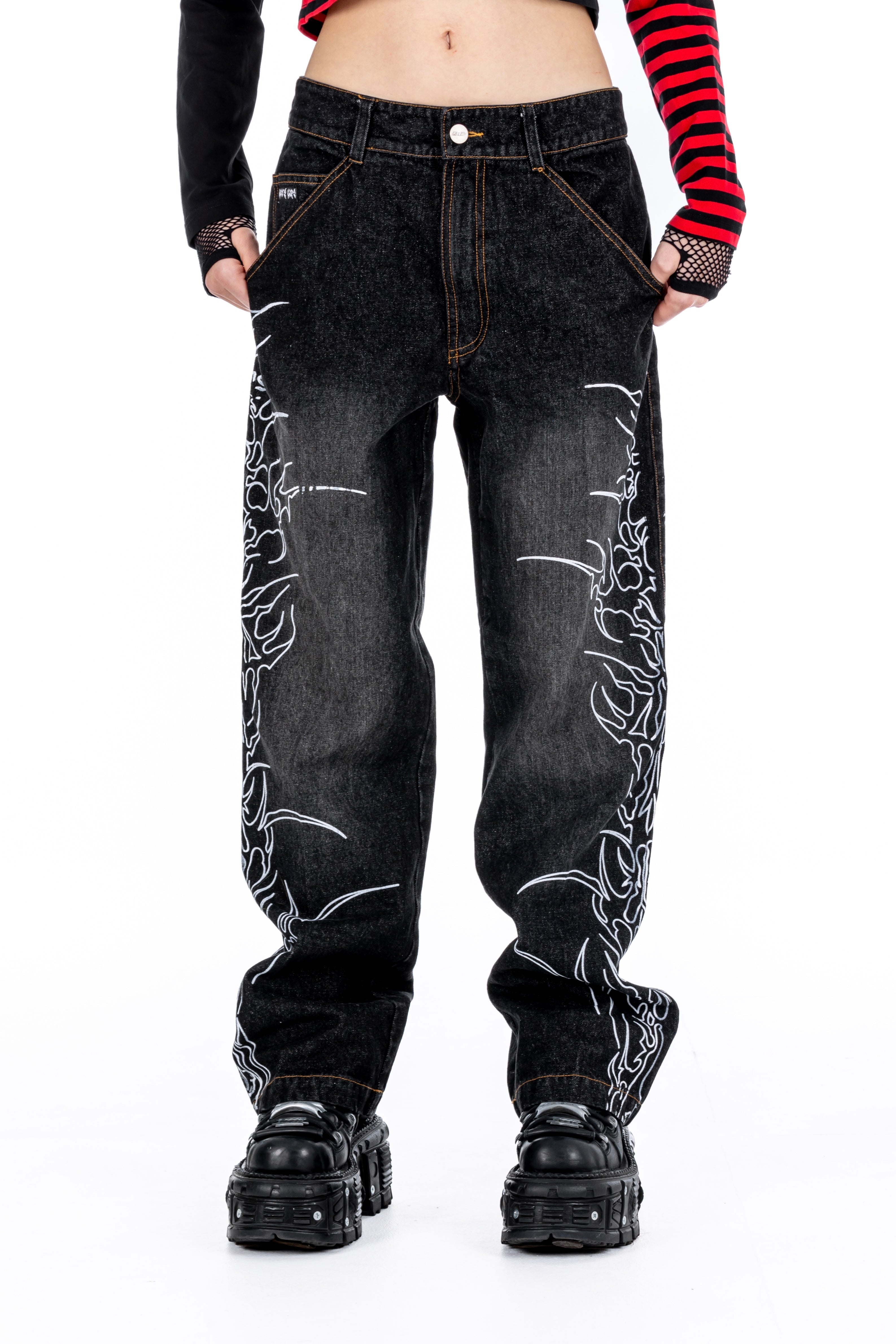 Blame Black Graphic Baggy Jeans