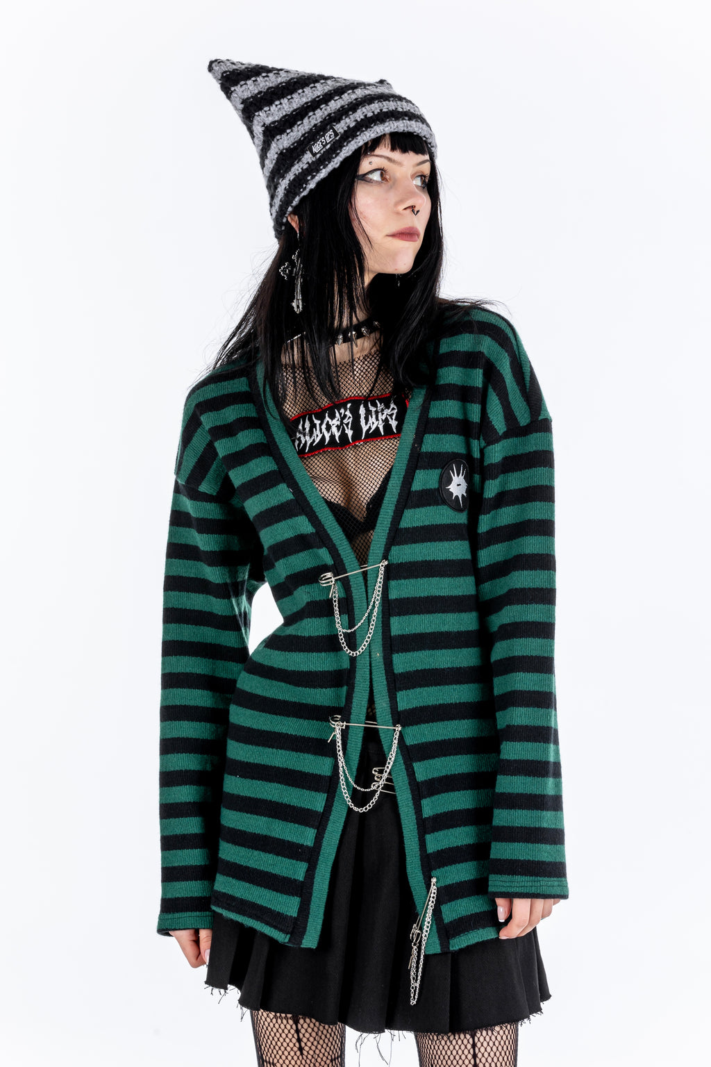 Grunge Academy Green Striped Cardigan