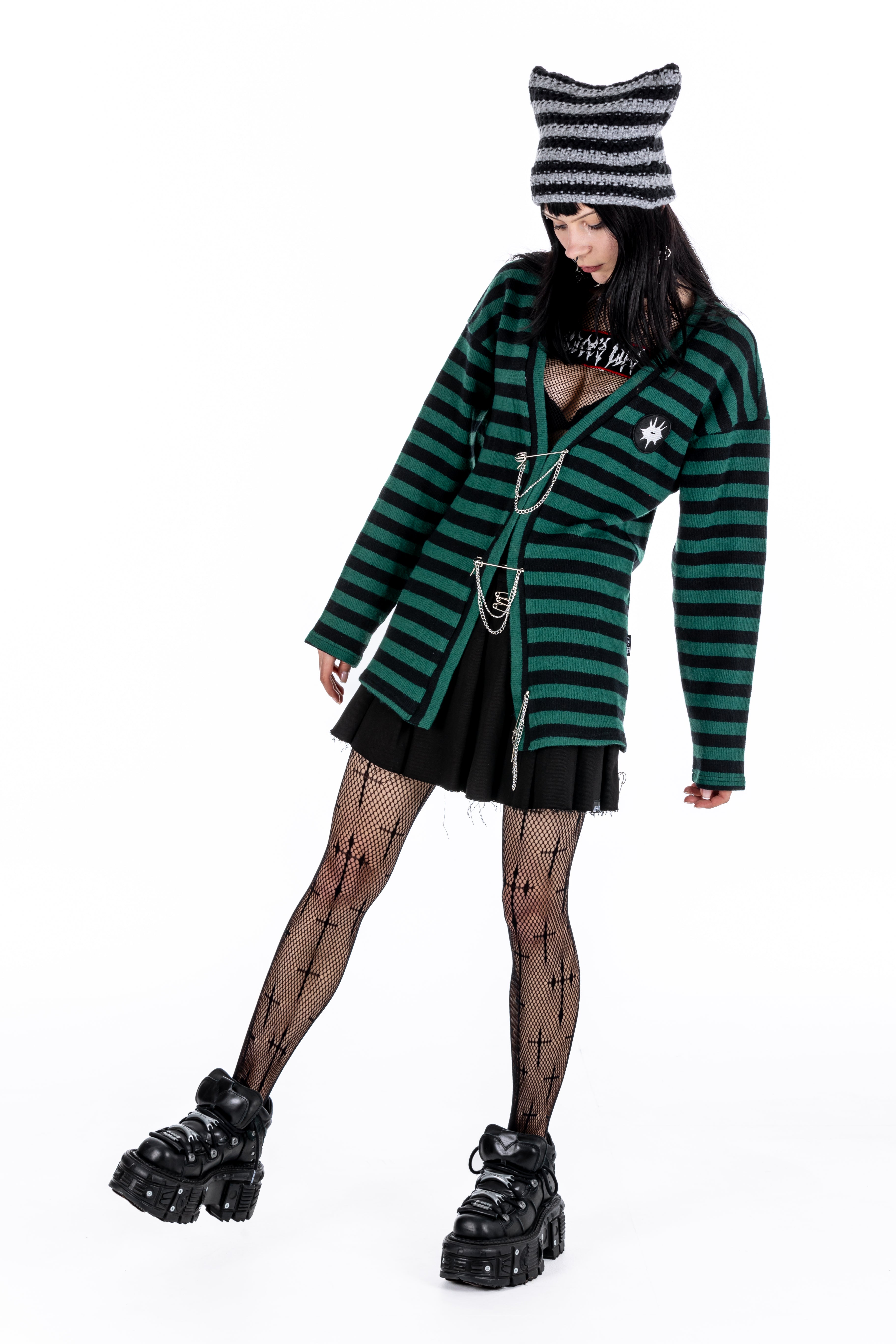 Grunge Academy Green Striped Cardigan