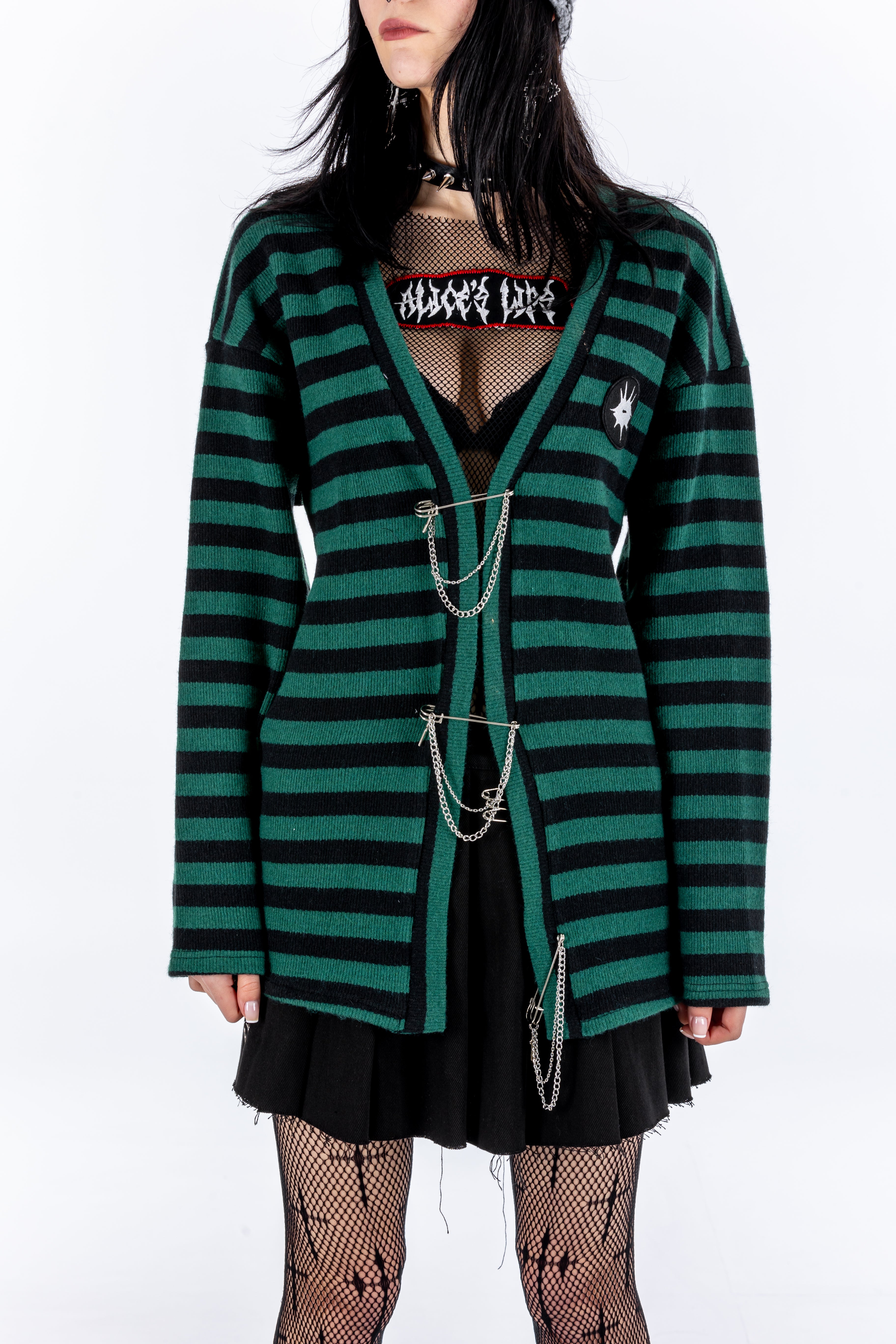 Grunge Academy Green Striped Cardigan