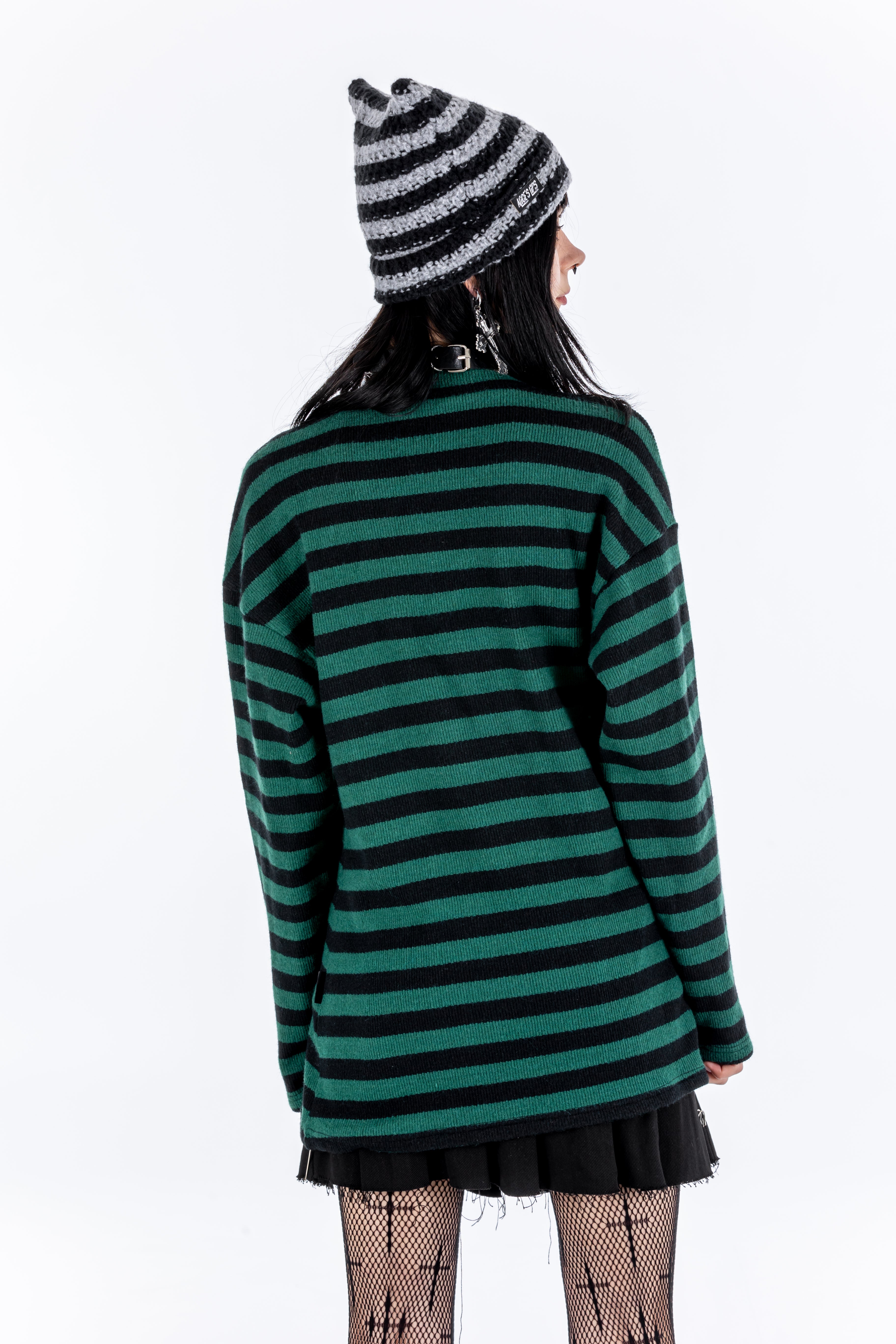 Grunge Academy Green Striped Cardigan