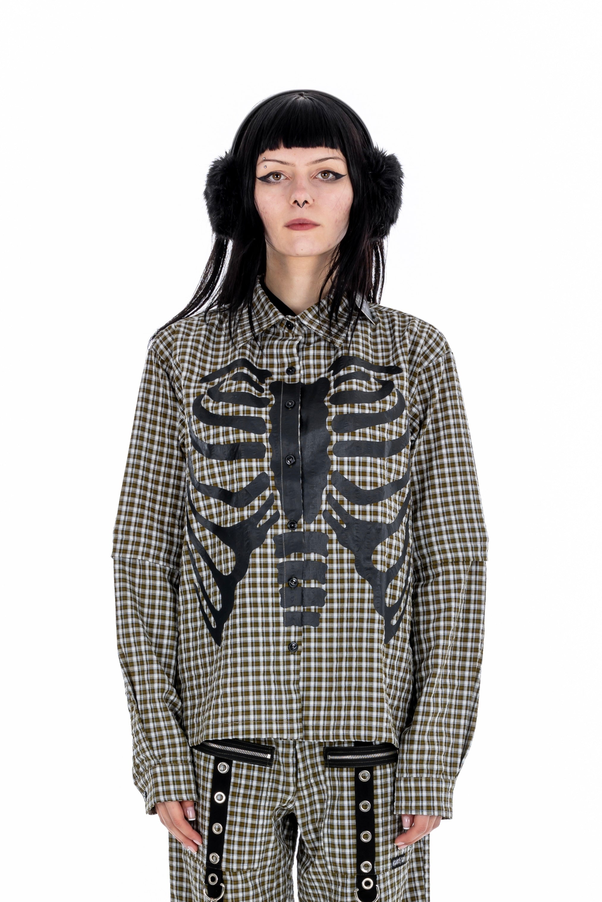 Plaid Punk Skeleton Green Shirt