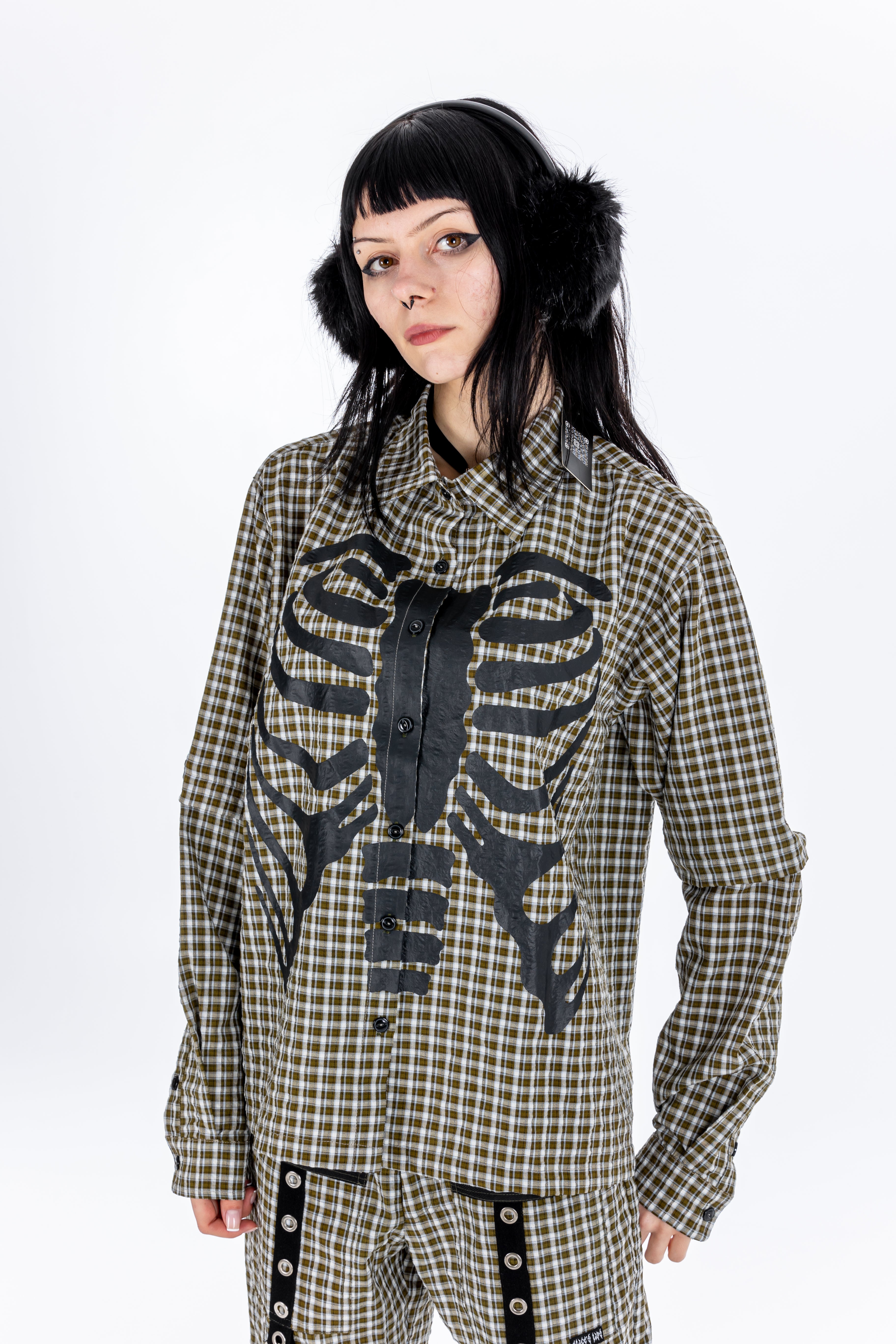 Plaid Punk Skeleton Green Shirt