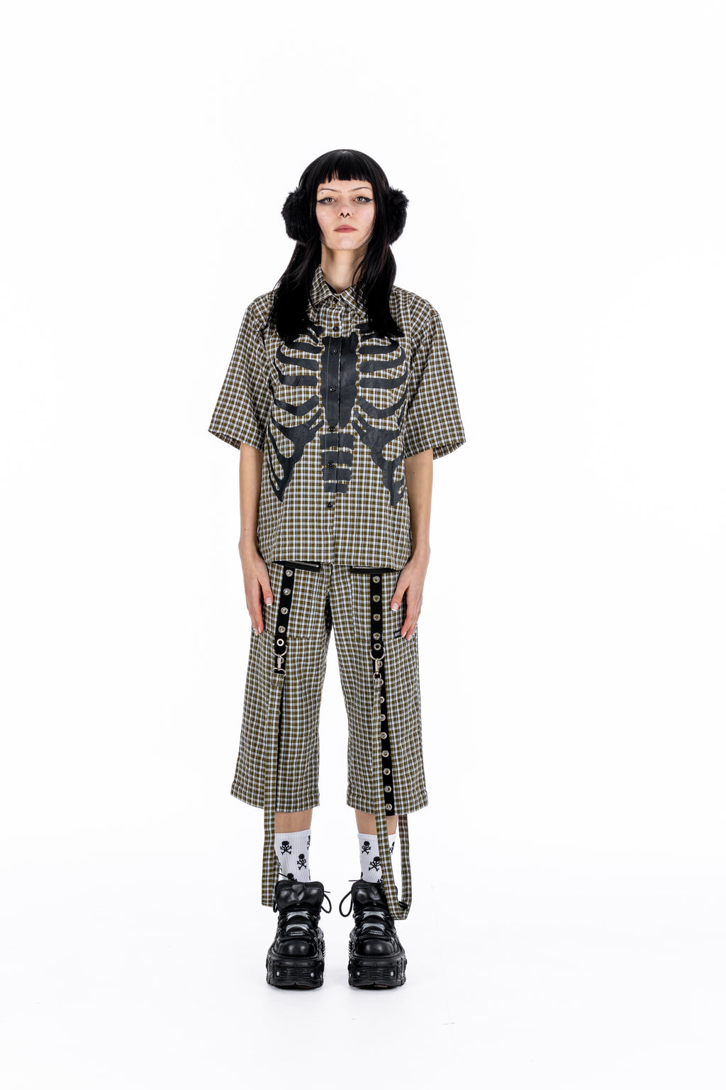 Plaid Punk Skeleton Green Shirt