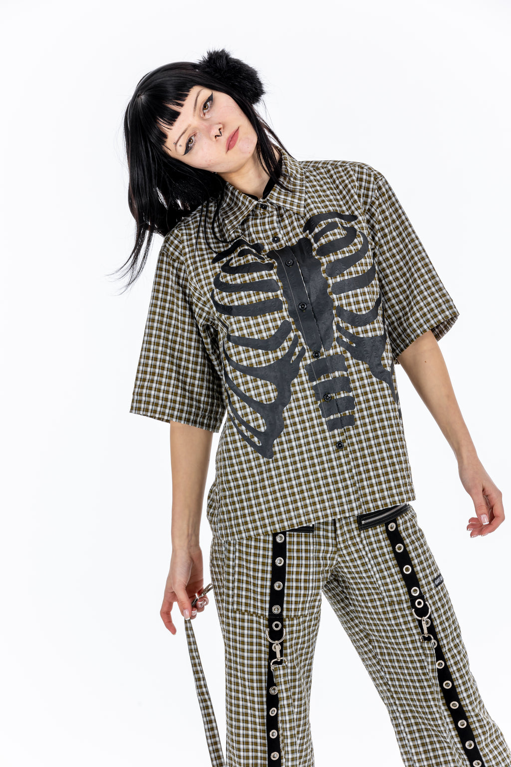 Plaid Punk Skeleton Green Shirt