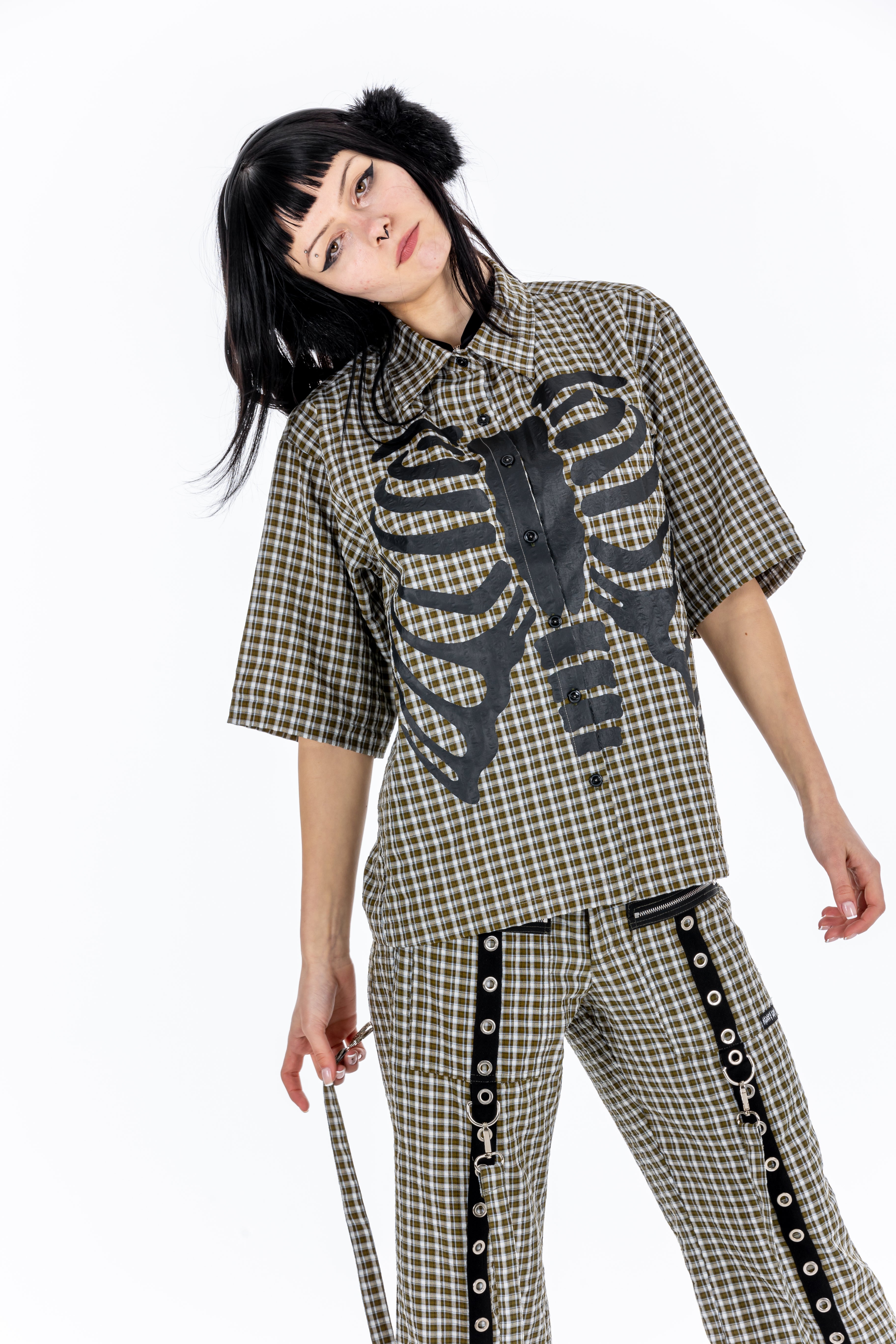 Plaid Punk Skeleton Green Shirt