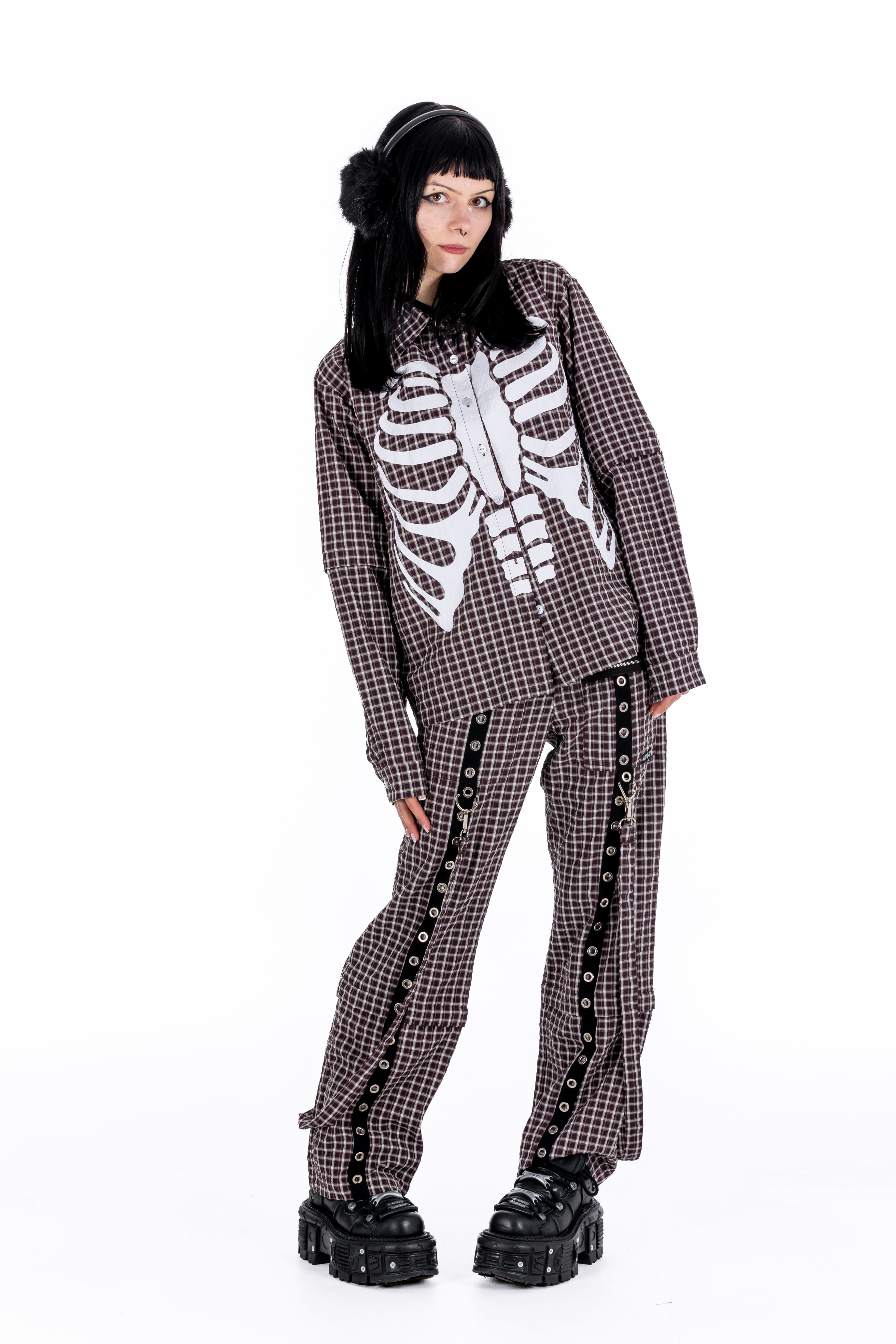 Plaid Punk Skeleton Brown Shirt