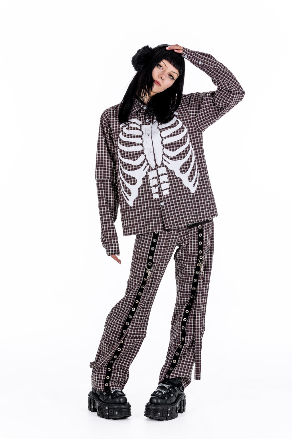 Plaid Punk Skeleton Brown Shirt