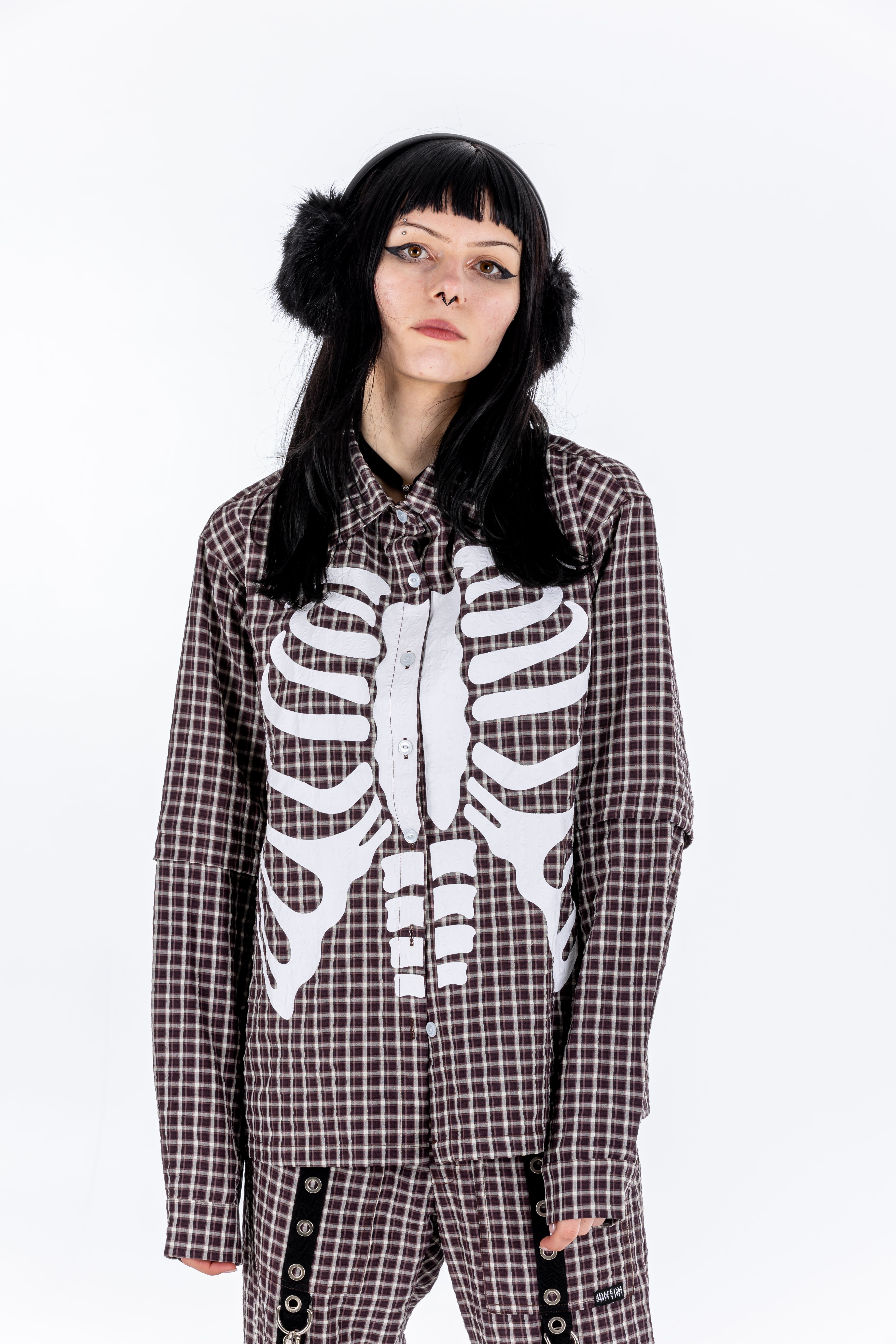 Plaid Punk Skeleton Brown Shirt