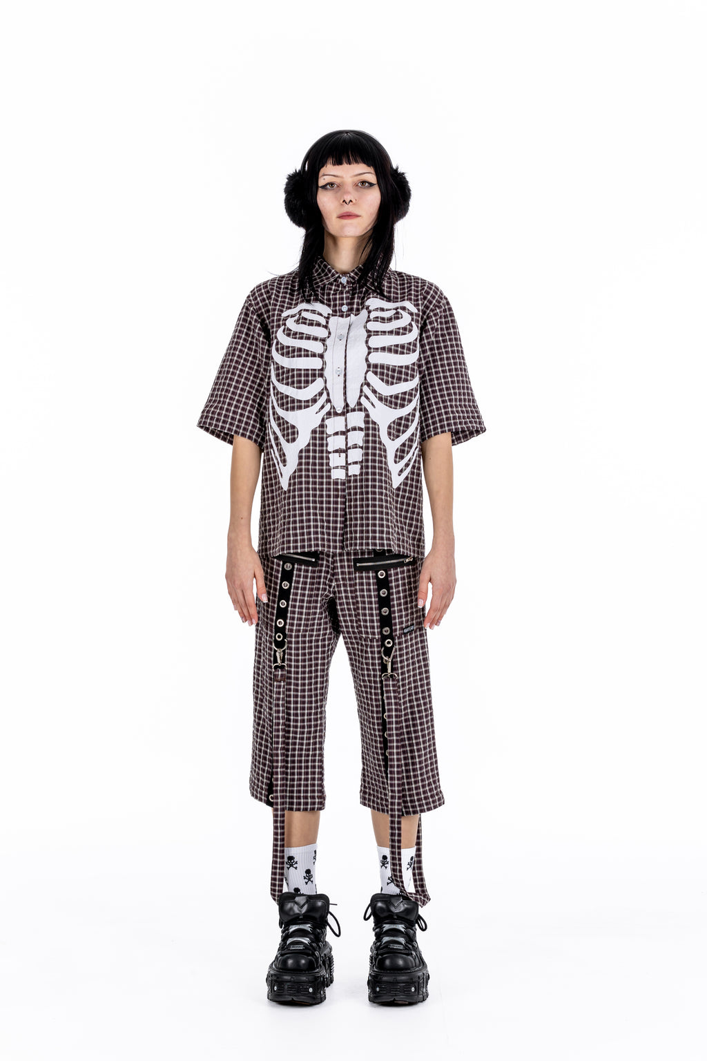 Plaid Punk Skeleton Brown Shirt