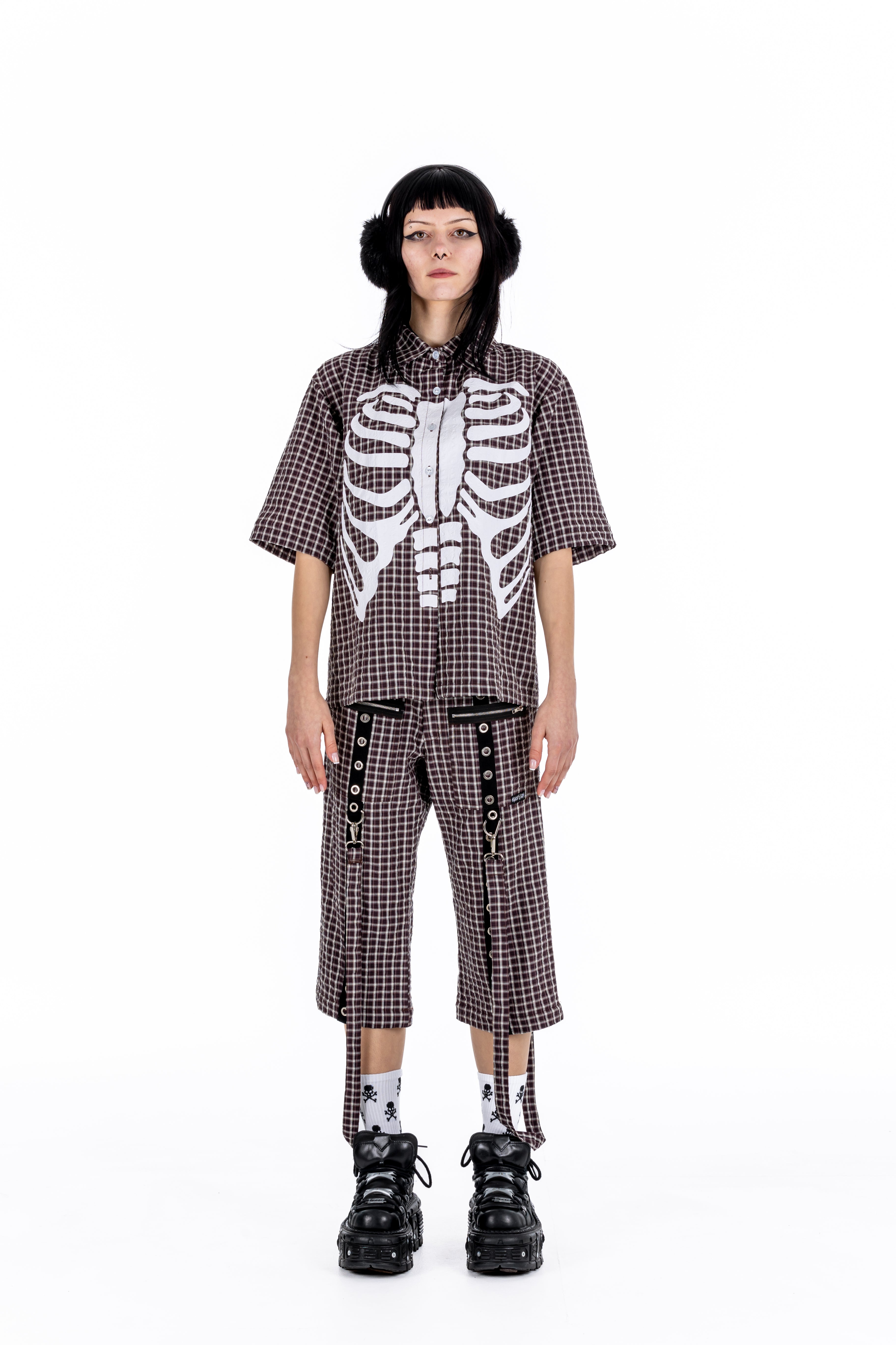 Plaid Punk Skeleton Brown Shirt