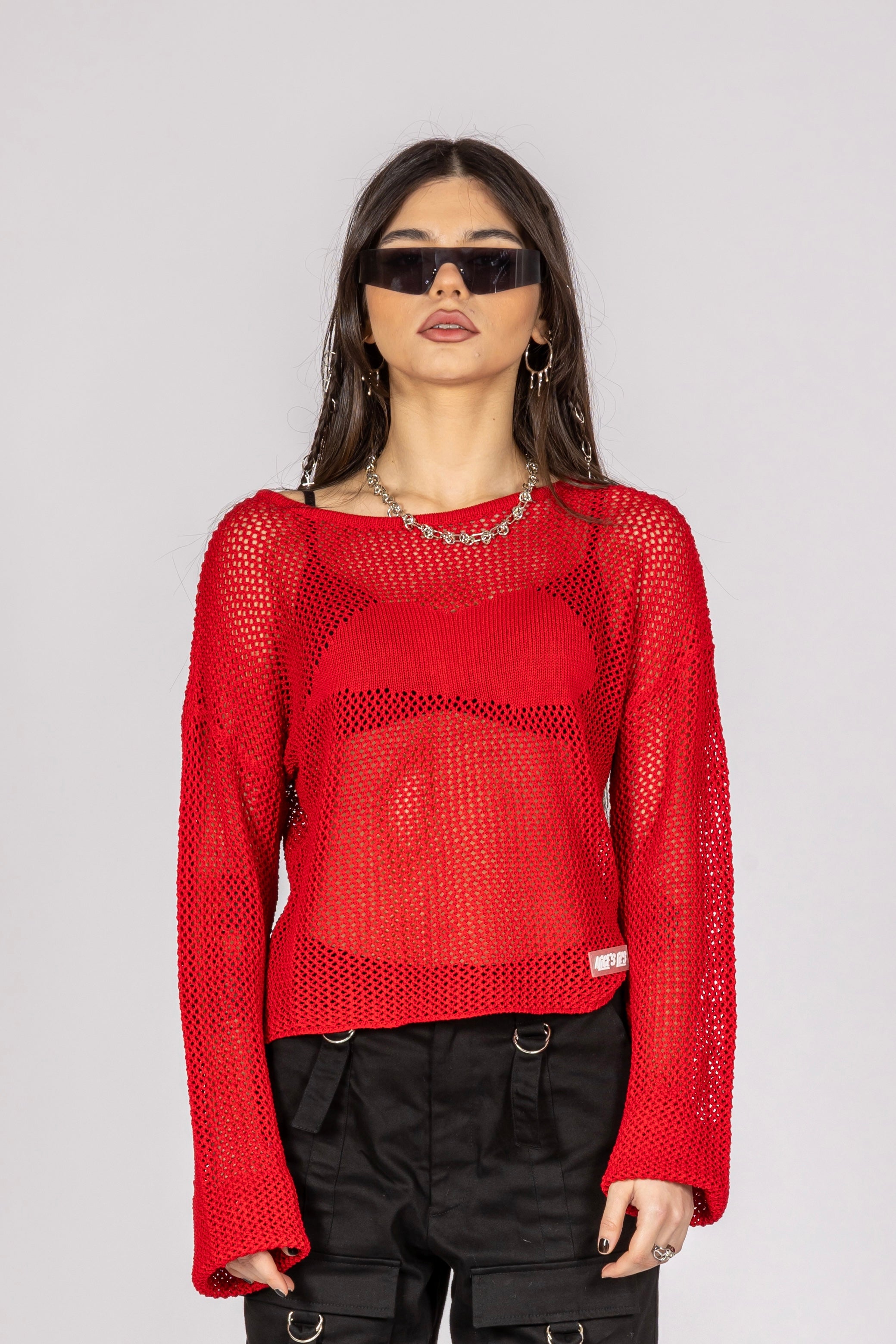 Live Wire Red Open Knit Jumper