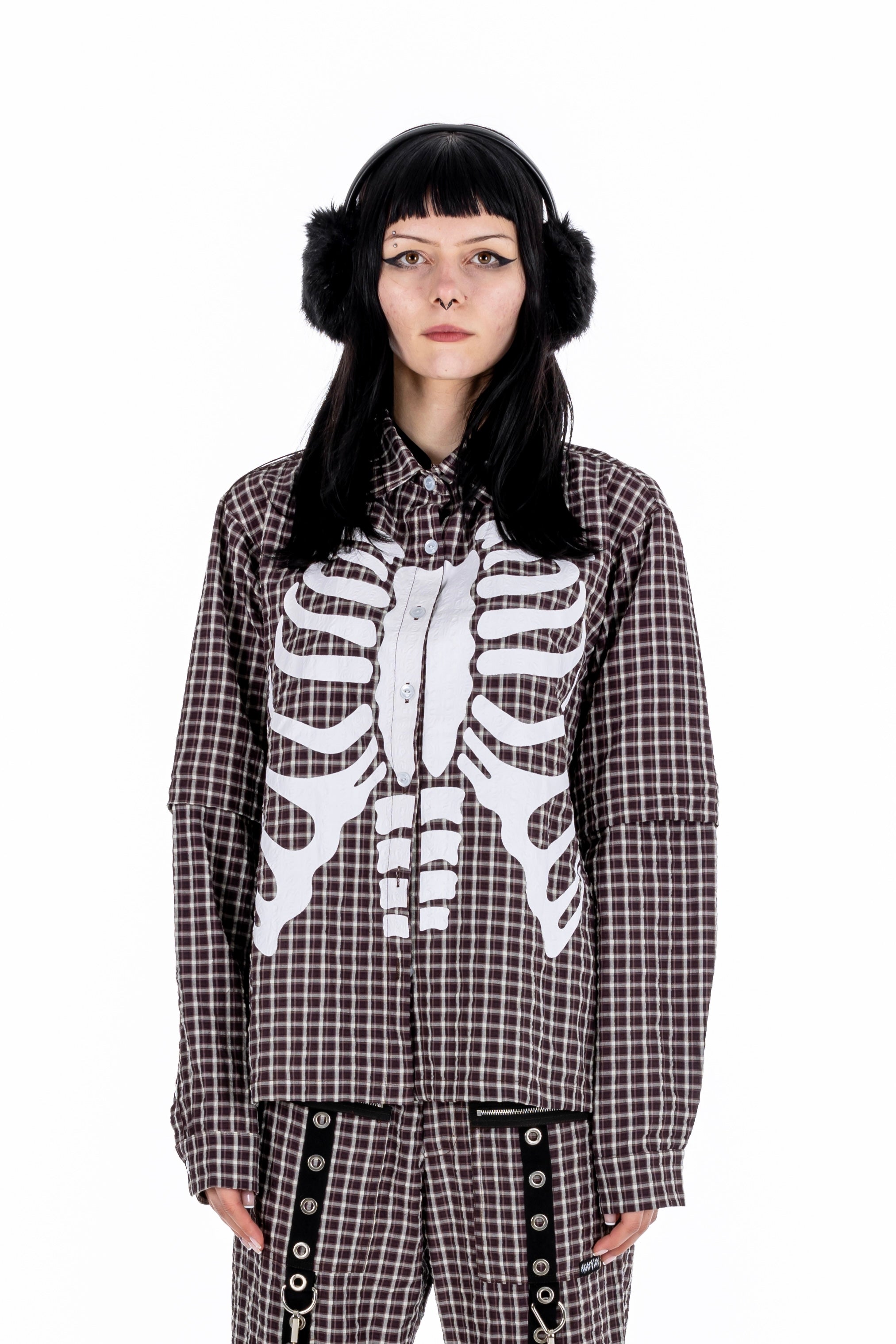 Plaid Punk Skeleton Brown Shirt