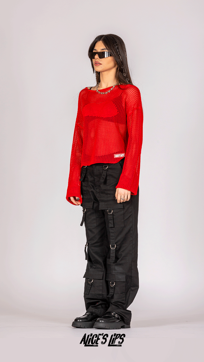 Live Wire Red Open Knit Jumper